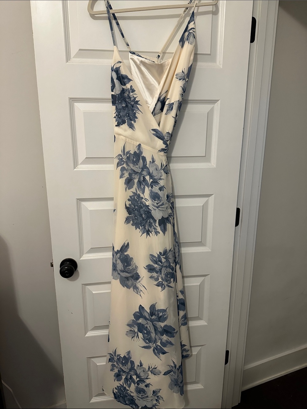Lulu's Cream Maxi Slip Dress with Blue Floral Print